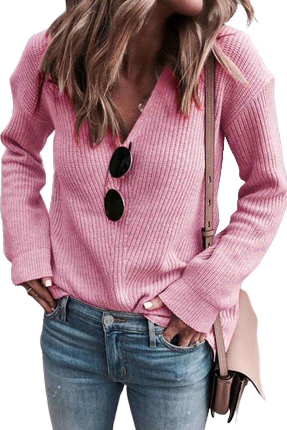Black Ribbed Knit V Neck Sweater