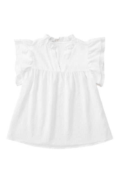 Black Ruffle Accent Flutter Sleeve Notch Neck Top