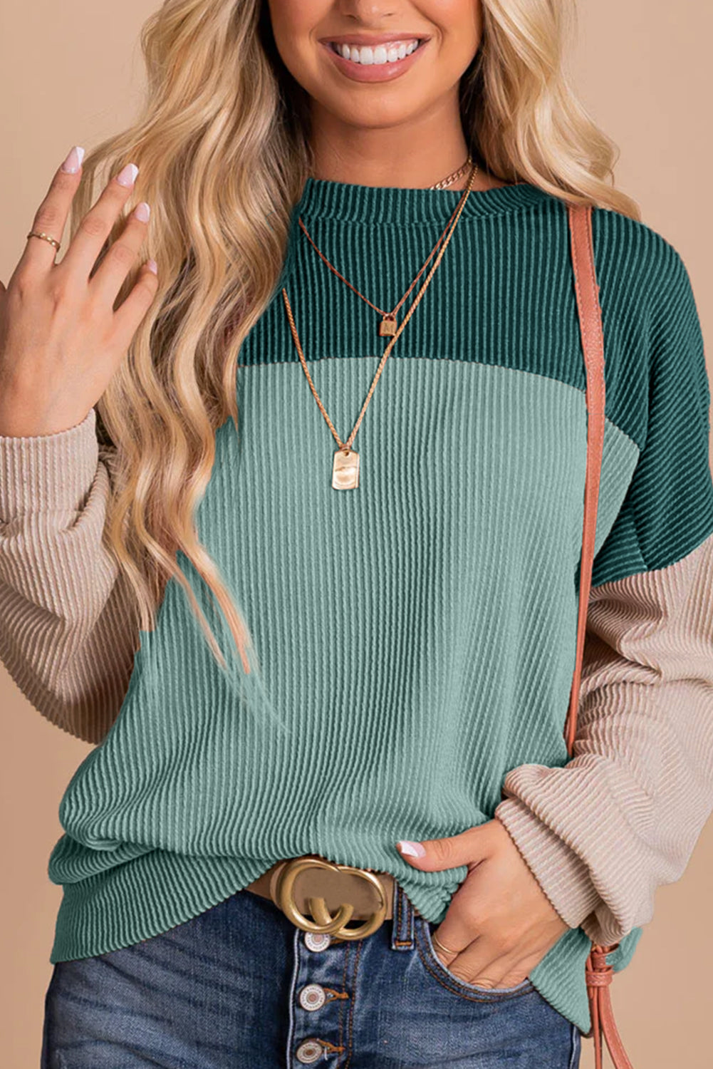 Mineral Red Plus Size Ribbed Colorblock Long Sleeve Top