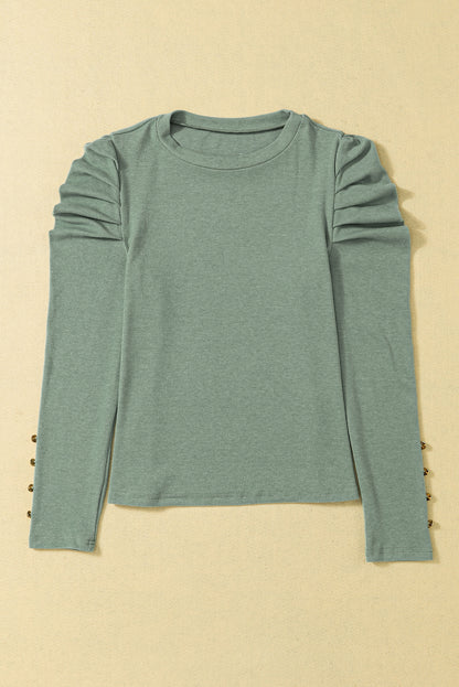 Gray Buttoned Puff Long Sleeve Sheath Top