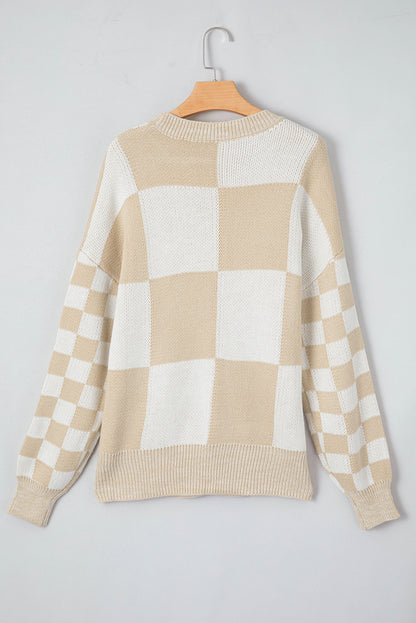 Medium Grey Checkered Print Drop Shoulder Sweater