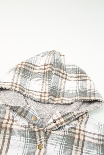 Orange Plaid Pattern Sherpa Lined Hooded Shacket