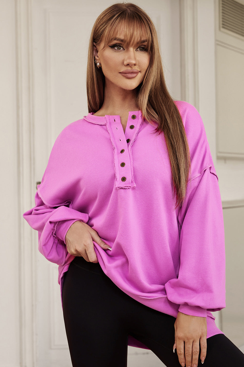 Green Oversized Exposed Seam Henley Sweatshirt