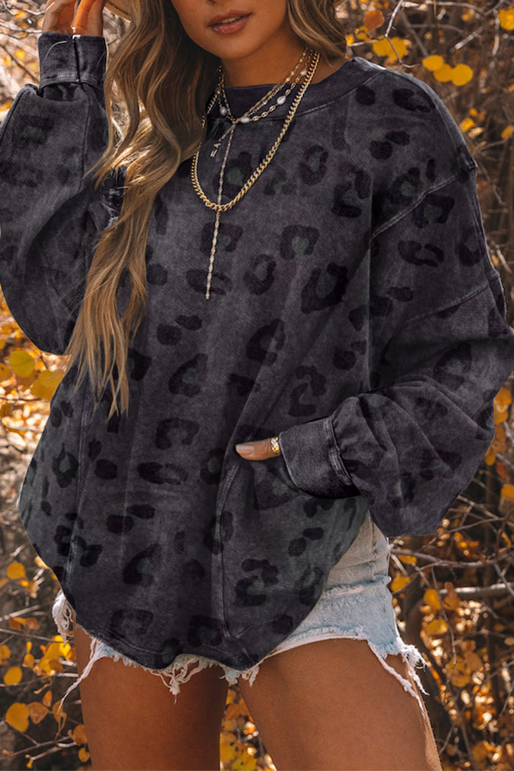 Gray Vintage Washed Leopard T-Shirt Dress with Pockets
