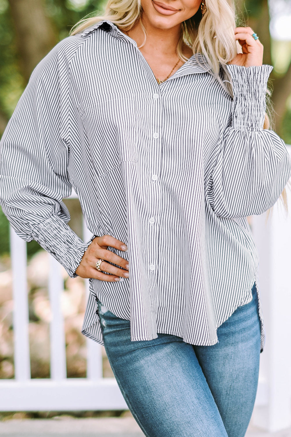 Pink Smocked Cuffed Striped Boyfriend Shirt with Pocket