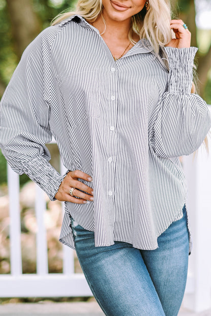 Pink Smocked Cuffed Striped Boyfriend Shirt with Pocket