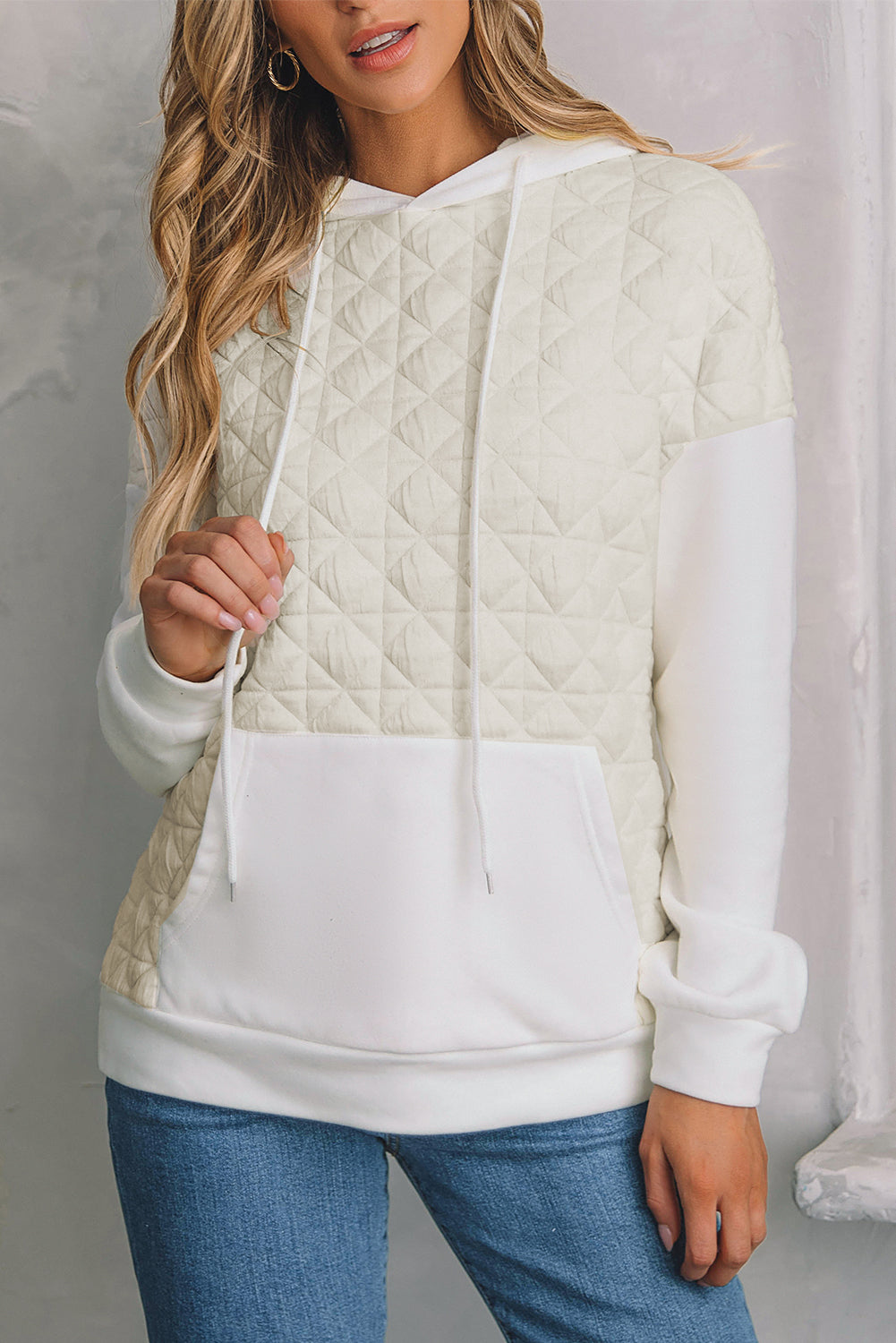Coffee Solid Color Quilted Kangaroo Pocket Hoodie