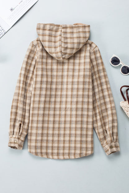 Orange Plaid Pattern Sherpa Lined Hooded Shacket