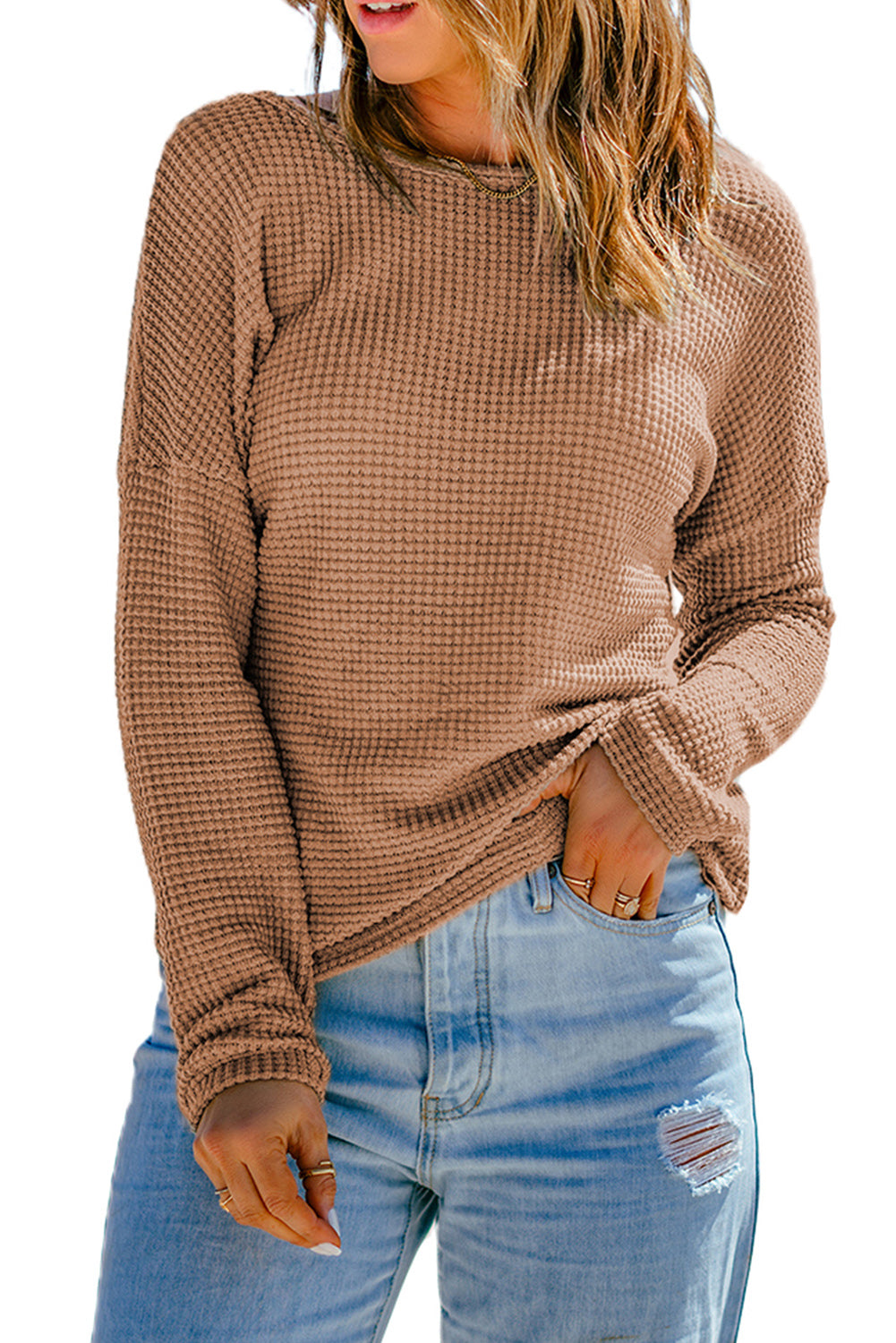 Fiery Red Waffle Knit Drop Shoulder Long Sleeve Top