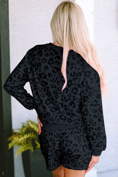 Leopard Print Zipped Split Neck Drawstring Pants Set