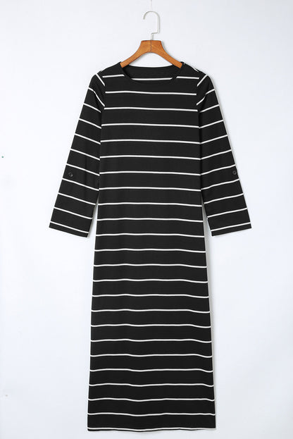 Khaki Stripe Print Open Back Sleeveless Maxi Dress with Slits