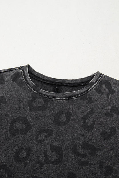 Gray Vintage Washed Leopard T-Shirt Dress with Pockets