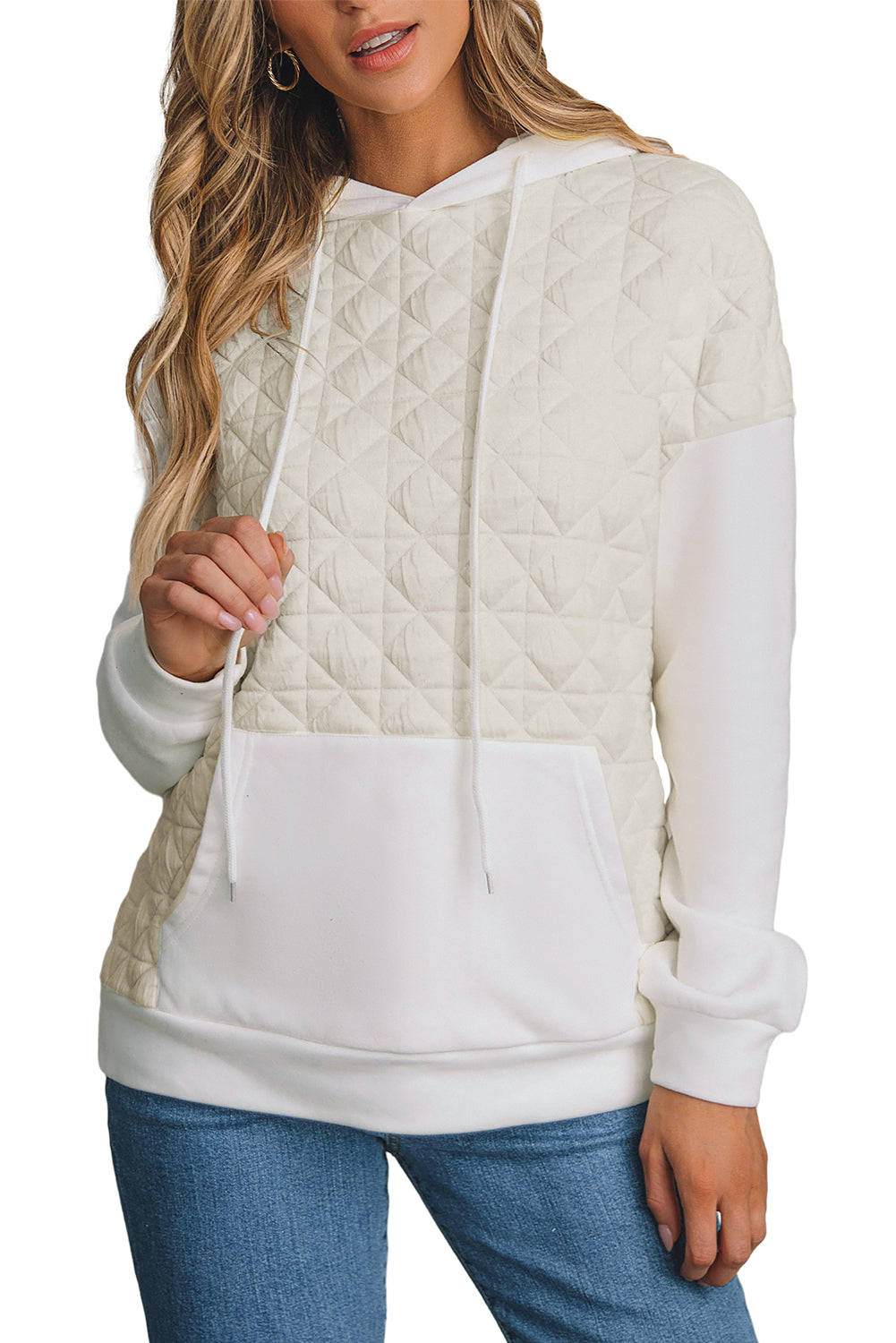 Coffee Solid Color Quilted Kangaroo Pocket Hoodie