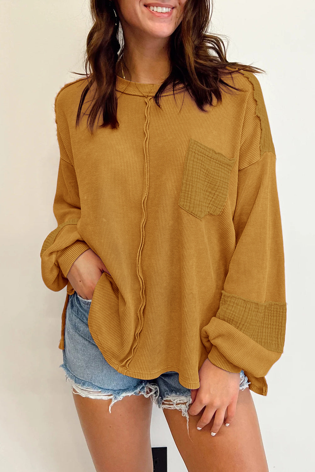 Gray Exposed Seam Patchwork Bubble Sleeve Waffle Knit Top