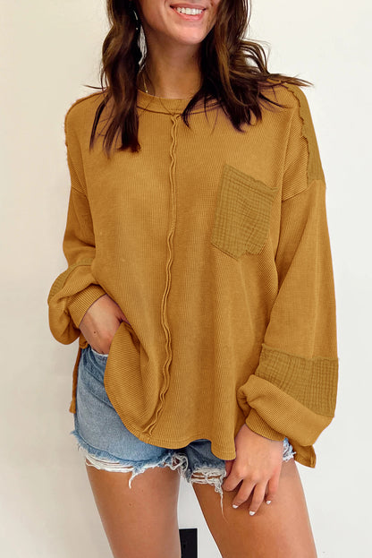 Gray Exposed Seam Patchwork Bubble Sleeve Waffle Knit Top