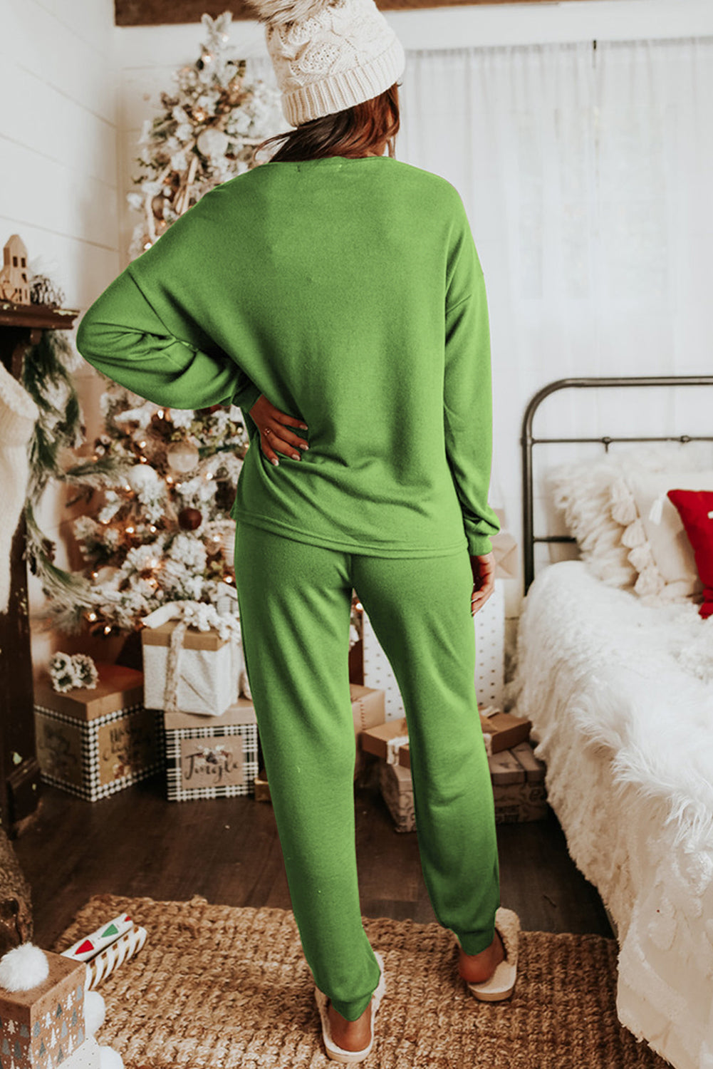 Spinach Green Sequined Christmas Cane Pattern Lounge Sweatsuit
