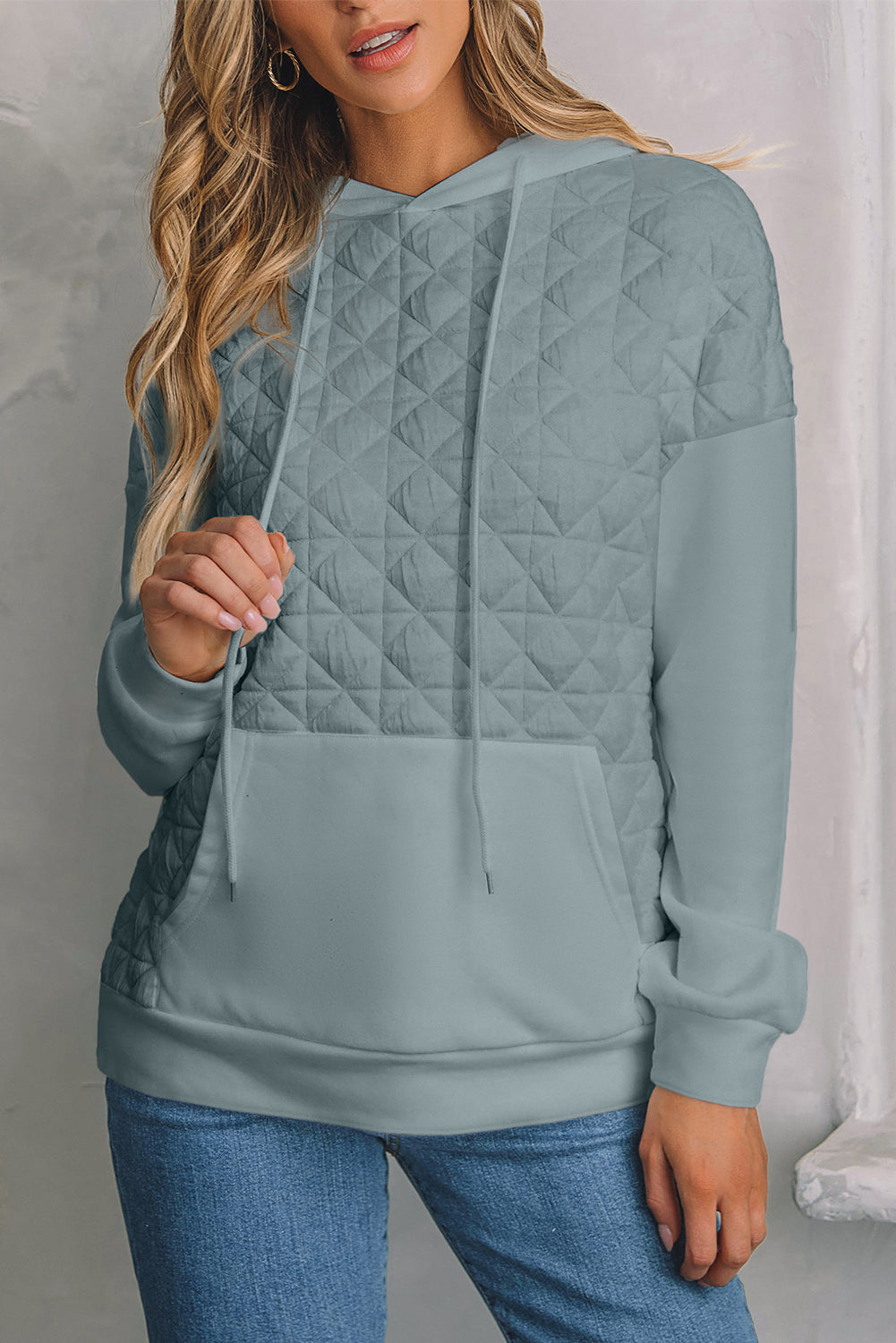 Coffee Solid Color Quilted Kangaroo Pocket Hoodie