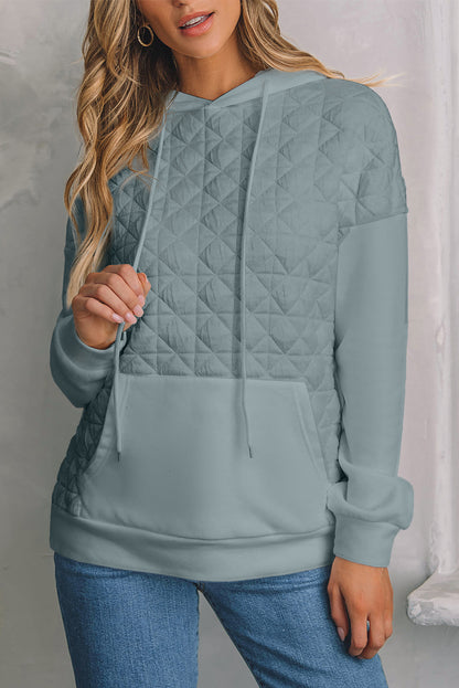 Coffee Solid Color Quilted Kangaroo Pocket Hoodie