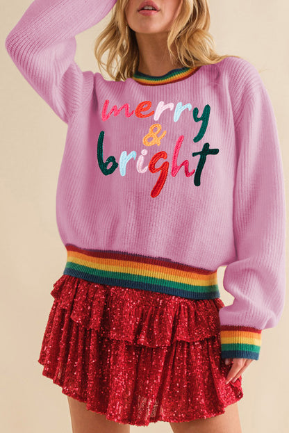 White Merry & Bright Colorful Stripes Trim Sweater