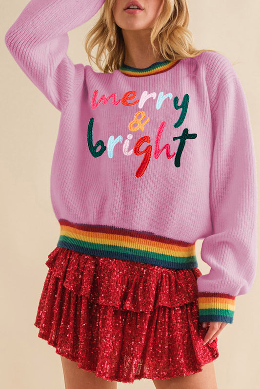 White Merry & Bright Colorful Stripes Trim Sweater