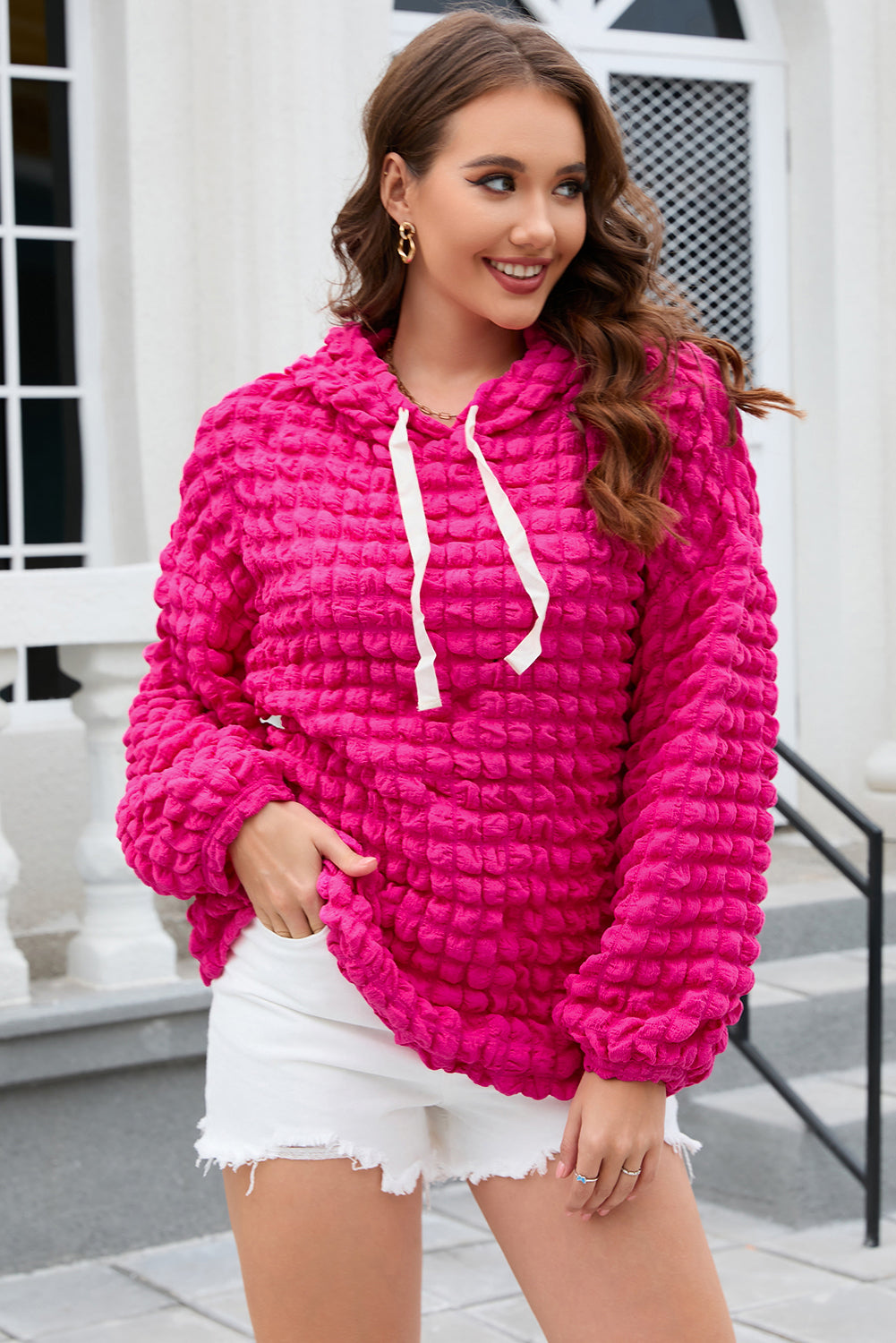 Green Bubble Textured Waffle Hoodie