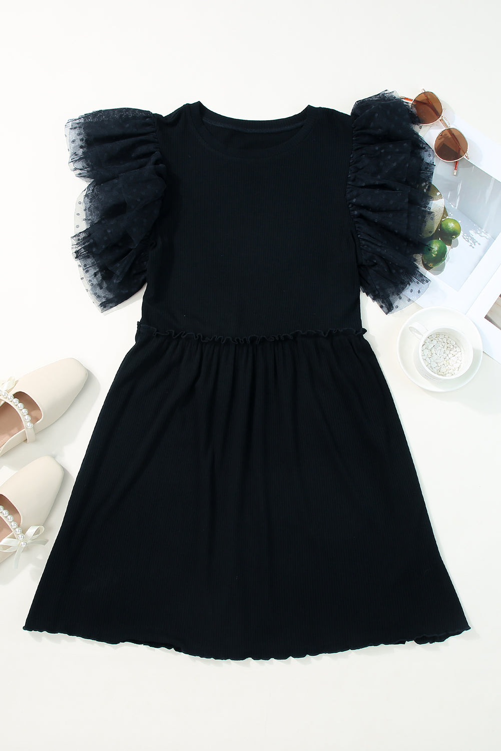 Black Dotty Mesh Ruffle Sleeve Ribbed Knit Top