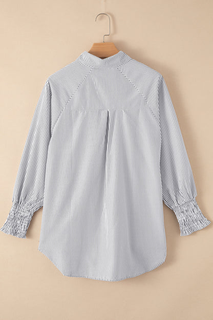 Pink Smocked Cuffed Striped Boyfriend Shirt with Pocket