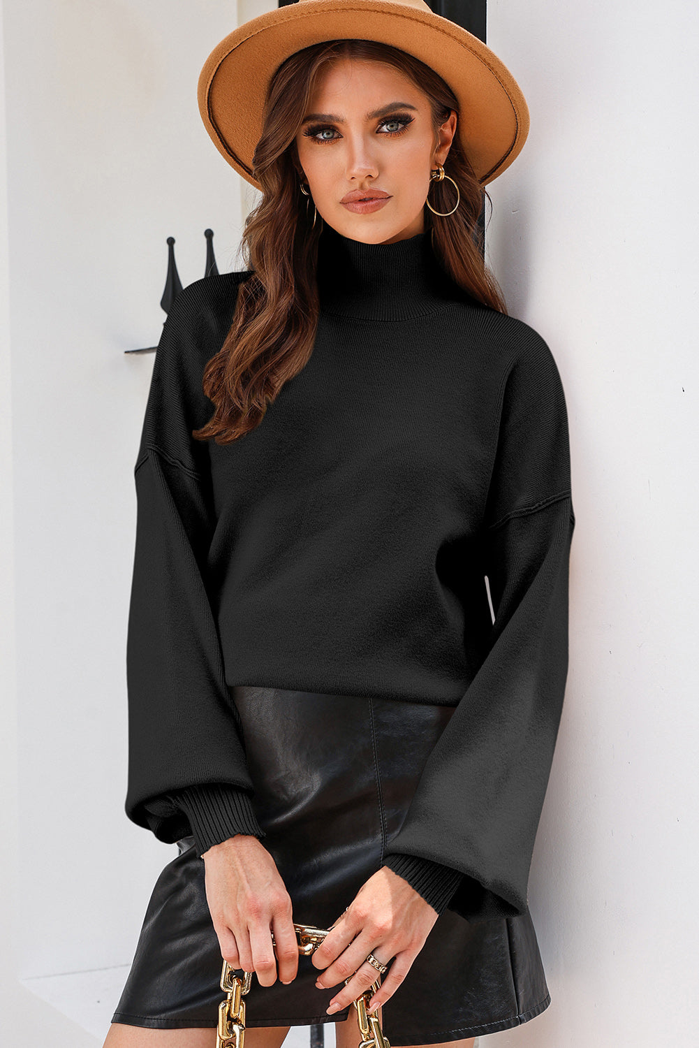 Gray Turtleneck Drop Shoulder Bubble Sleeve Knit Sweater