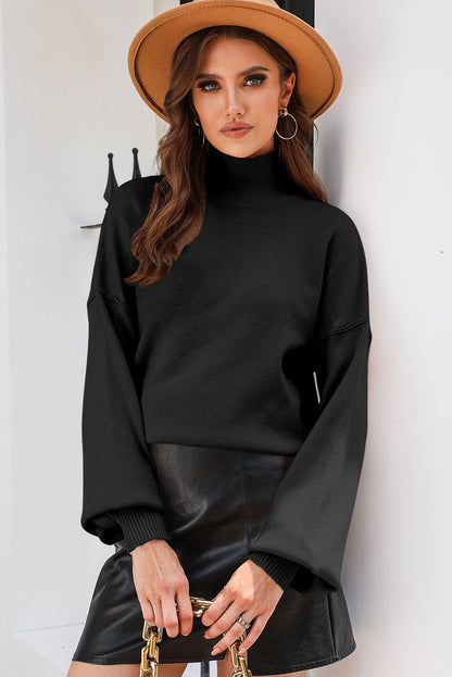 Gray Turtleneck Drop Shoulder Bubble Sleeve Knit Sweater