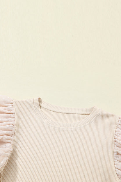 Black Dotty Mesh Ruffle Sleeve Ribbed Knit Top