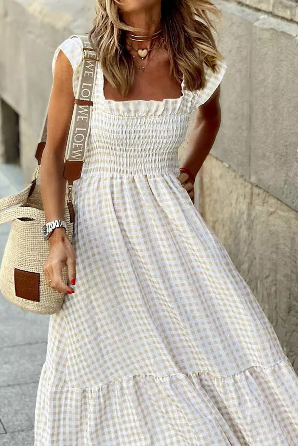Khaki Plaid Ruffled Square Neck Smocked Tiered Maxi Dress