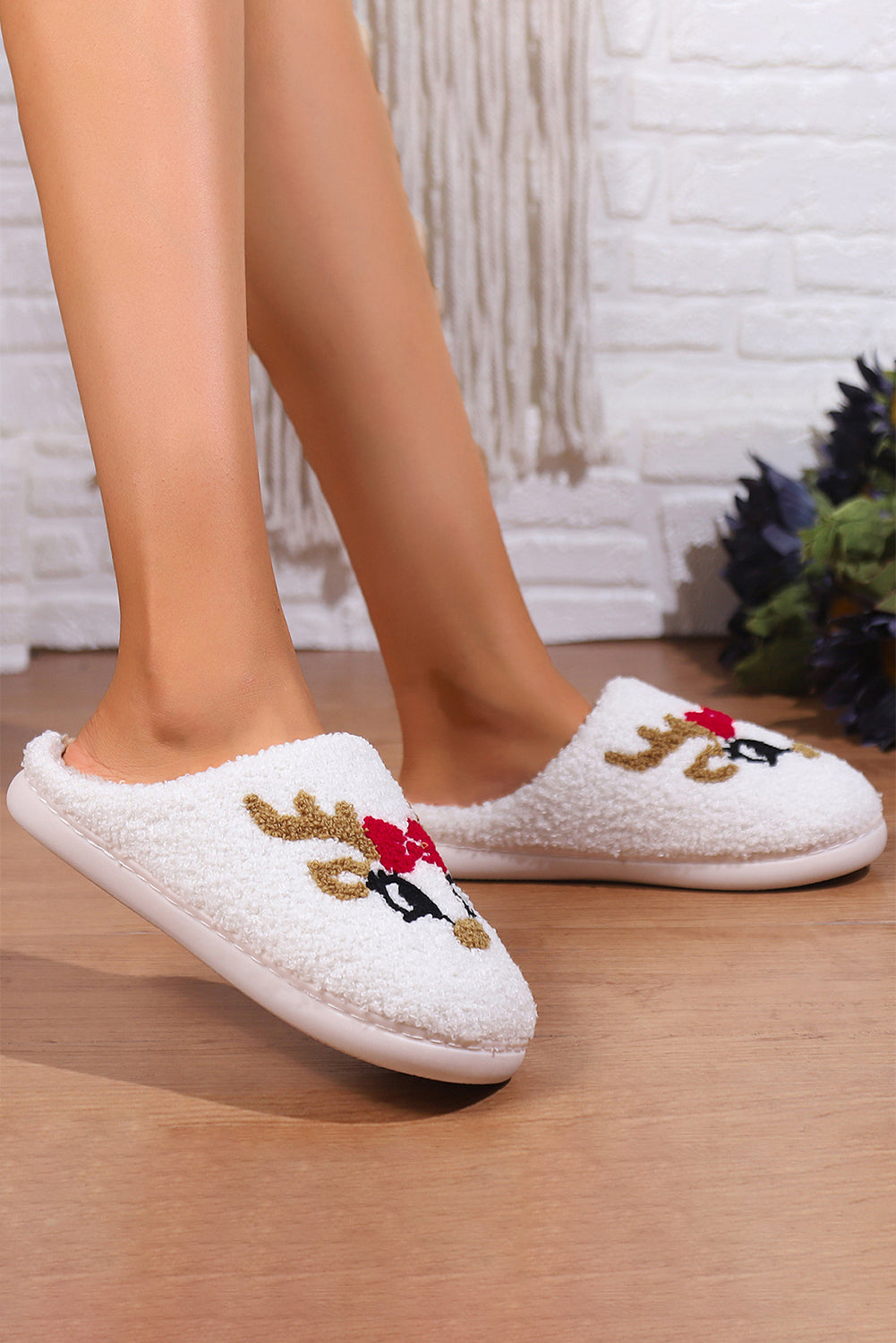White Christmas Deer Home Indoor Plush Slippers