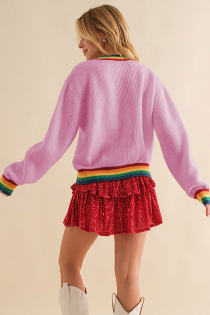 White Merry & Bright Colorful Stripes Trim Sweater