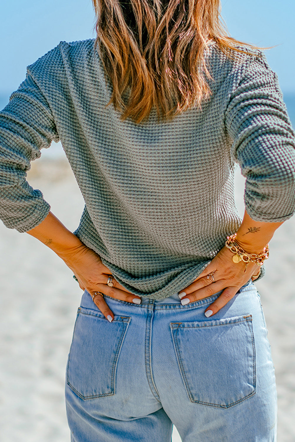 Fiery Red Waffle Knit Drop Shoulder Long Sleeve Top