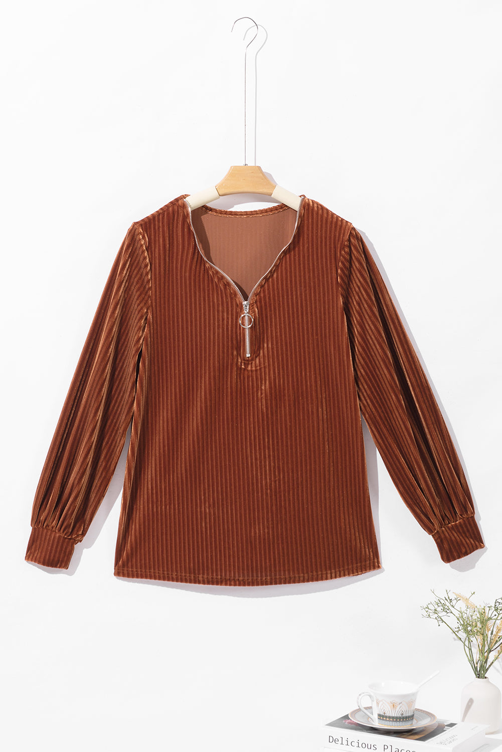 Pink Smocked Ribbed Velvet Babydoll Top