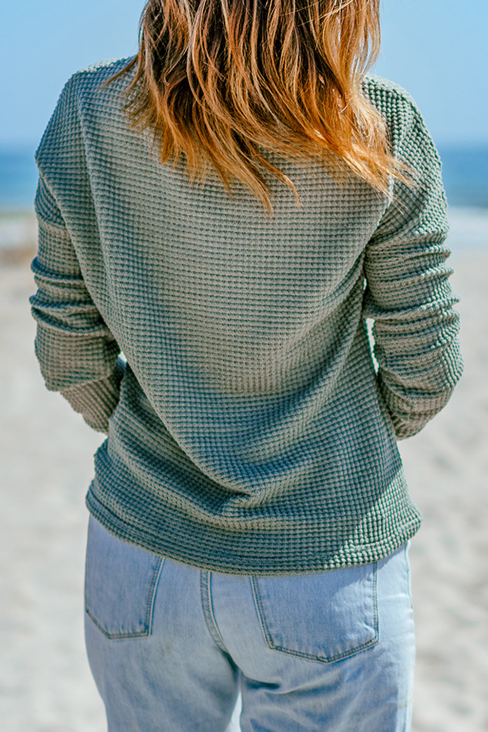 Fiery Red Waffle Knit Drop Shoulder Long Sleeve Top