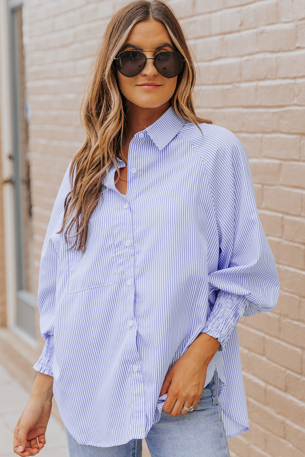 Pink Smocked Cuffed Striped Boyfriend Shirt with Pocket
