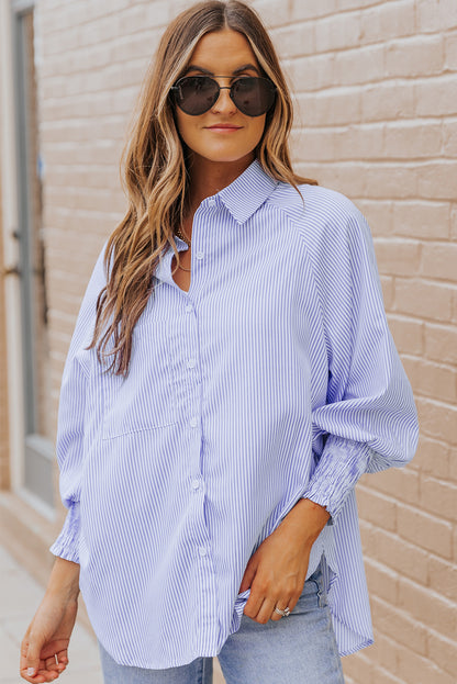 Pink Smocked Cuffed Striped Boyfriend Shirt with Pocket