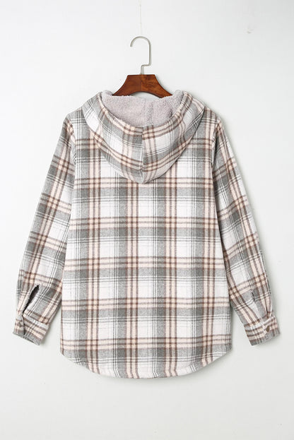 Orange Plaid Pattern Sherpa Lined Hooded Shacket