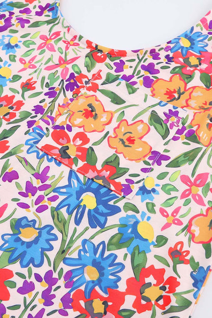 Multicolor Long Floral Print Short Sleeve Holiday Dress