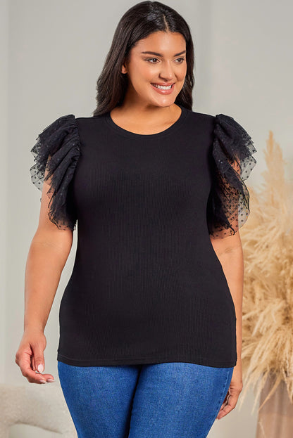 Black Dotty Mesh Ruffle Sleeve Ribbed Knit Top