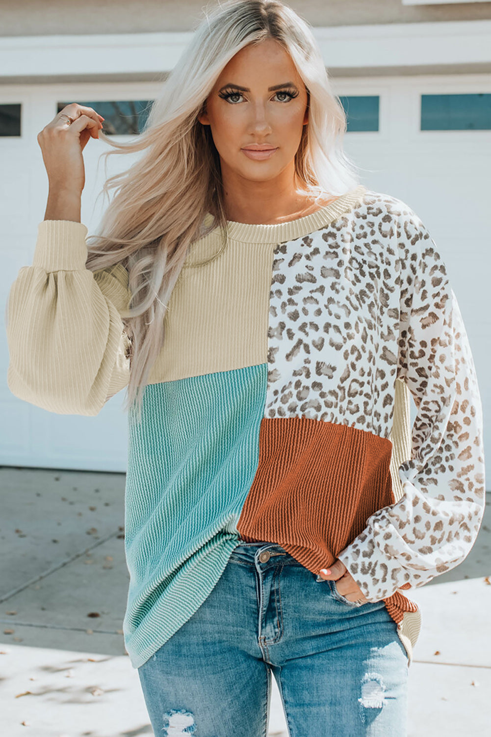 Khaki Ribbed Color Block Leopard Splicing Plus Size Top