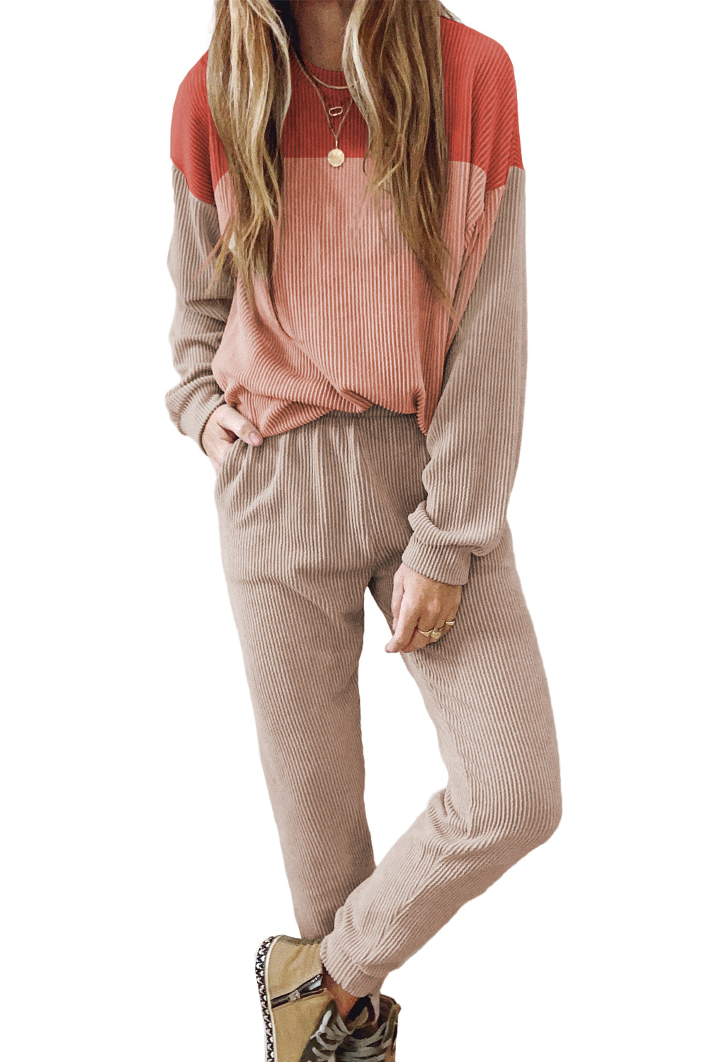 Mineral Red Plus Size Ribbed Colorblock Long Sleeve Top
