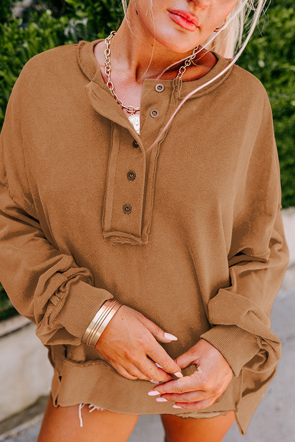 Black Drop Shoulder Henley Buttons Sweatshirt
