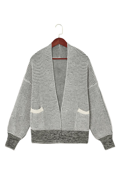 Gray Plaid Knitted Long Open Front Cardigan