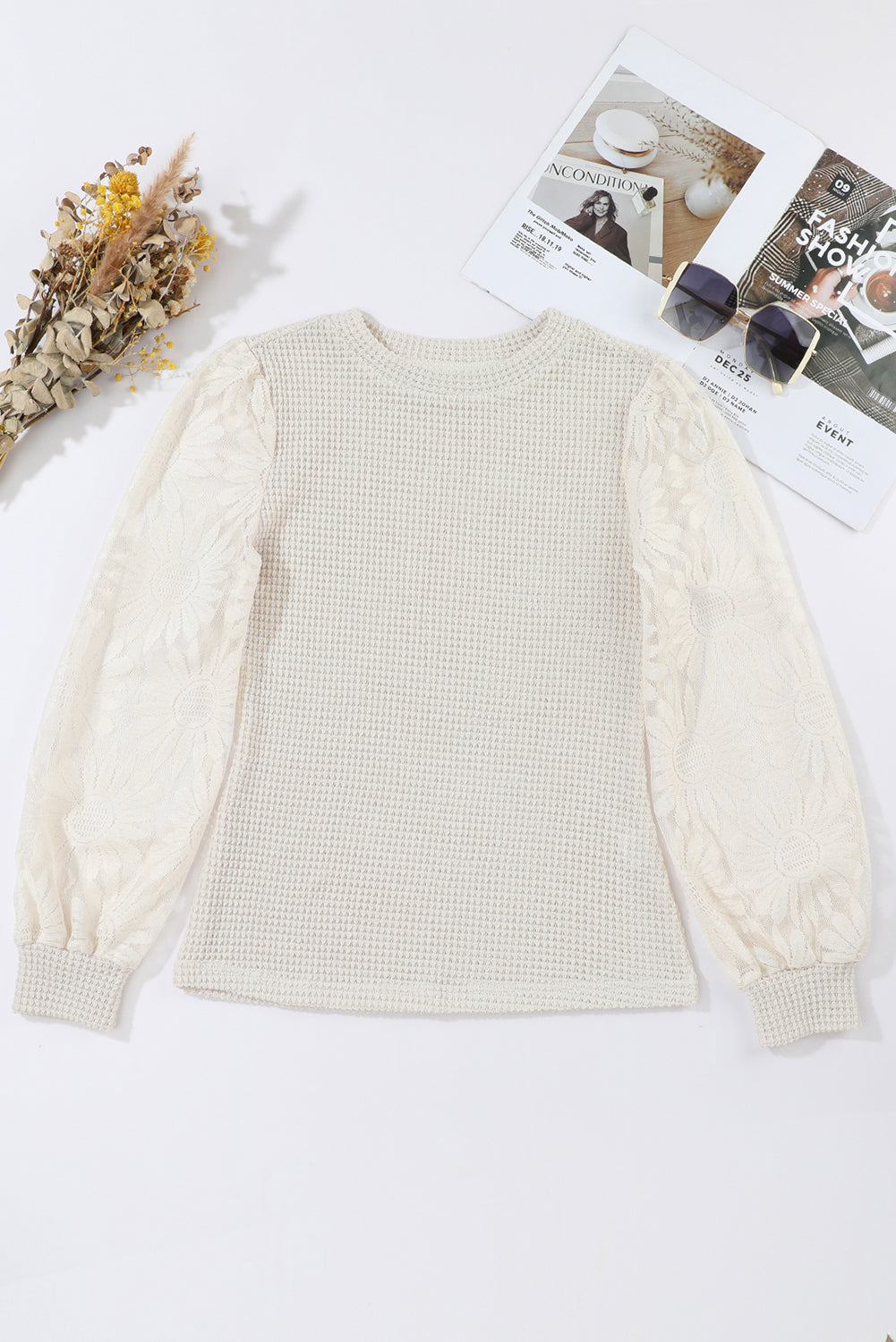 Black Sunflower Mesh Bubble Sleeve Waffle Knit Top