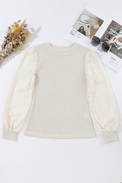 Black Sunflower Mesh Bubble Sleeve Waffle Knit Top