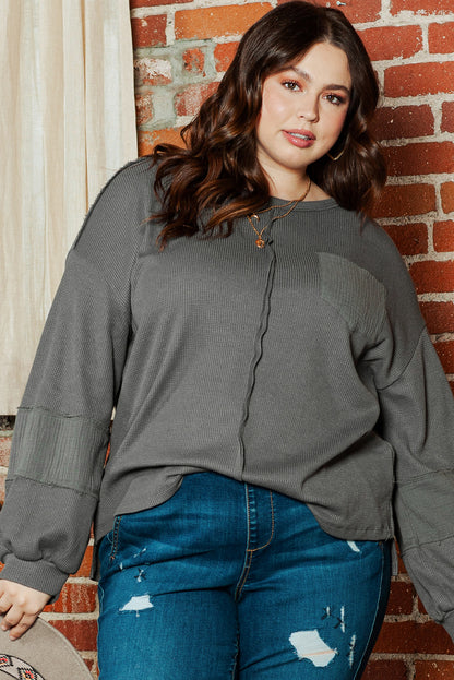 Gray Exposed Seam Patchwork Bubble Sleeve Waffle Knit Top