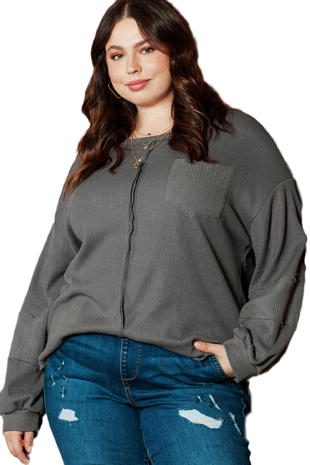 Gray Exposed Seam Patchwork Bubble Sleeve Waffle Knit Top