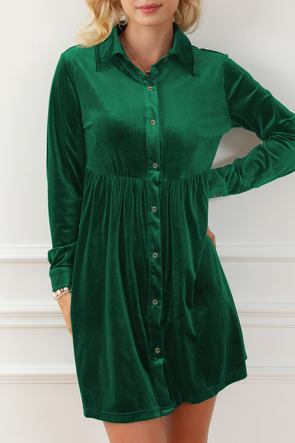 Black Long Sleeve Ruffle Velvet Button Up Dress